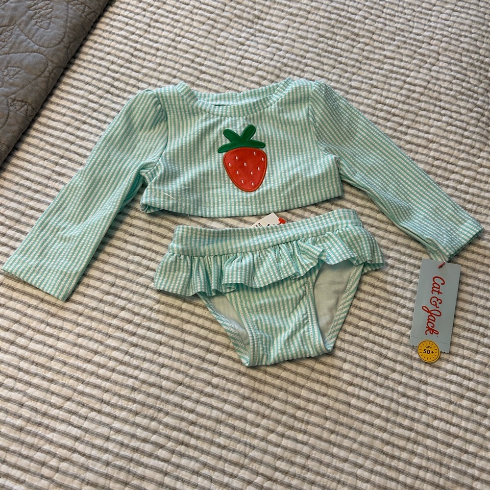 Cat & Jack 12 Month green & white stripe with strawberry Bikini long sleeve nwt